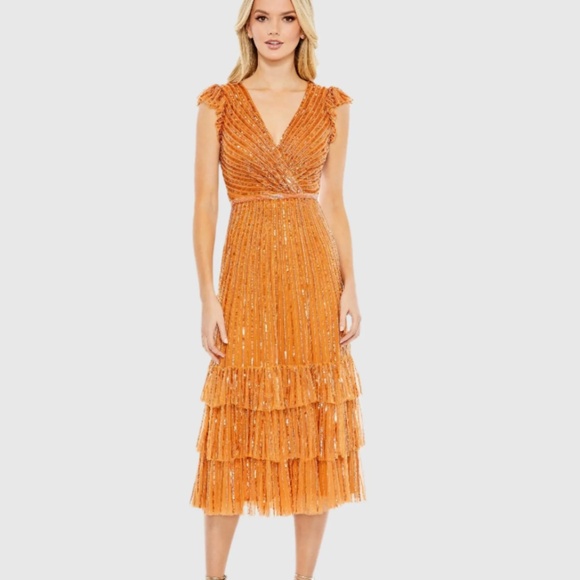 MAC DUGGAL 5585 SEQUINED WRAP OVER CAP SLEEVE RUFFLE HEM BURNT ORANGE DRESS sz 6 - Picture 1 of 4